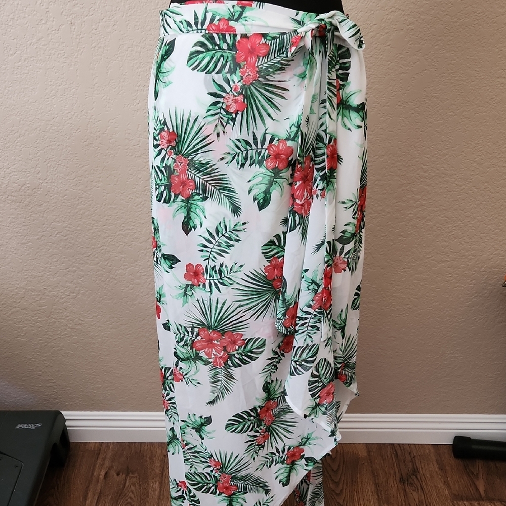 Elegant White With  Red and Green Wrap Maxi Skirt